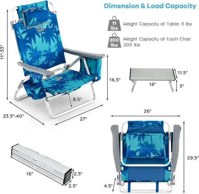 Alt view image 5 of 7 - SlickBlue 2 Packs 5-Position Outdoor Folding Backpack Beach Table Chair Reclining Chair Set