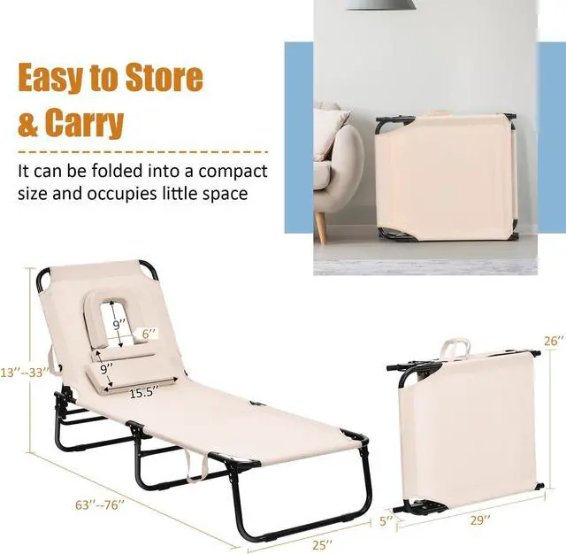 Alt view image 4 of 7 - SlickBlue Outdoor Folding Chaise Beach Pool Patio Lounge Chair Bed with Adjustable Back and Hole