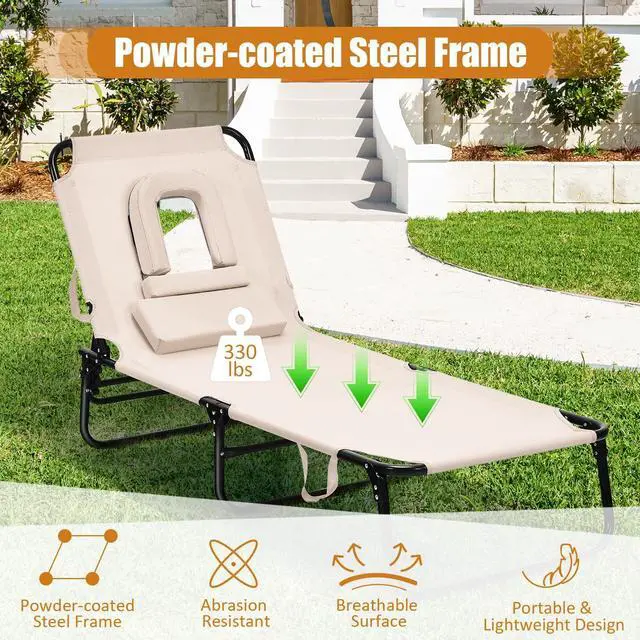 Alt view image 7 of 7 - SlickBlue Outdoor Folding Chaise Beach Pool Patio Lounge Chair Bed with Adjustable Back and Hole