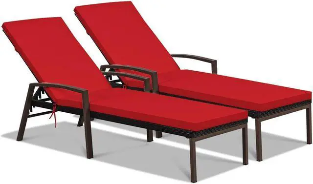 Main image of SlickBlue 2 Pieces Patio Rattan Adjustable Back Lounge Chair with Armrest and Removable Cushions-Red