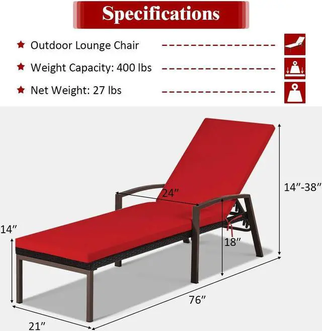 Alt view image 5 of 7 - SlickBlue 2 Pieces Patio Rattan Adjustable Back Lounge Chair with Armrest and Removable Cushions-Red