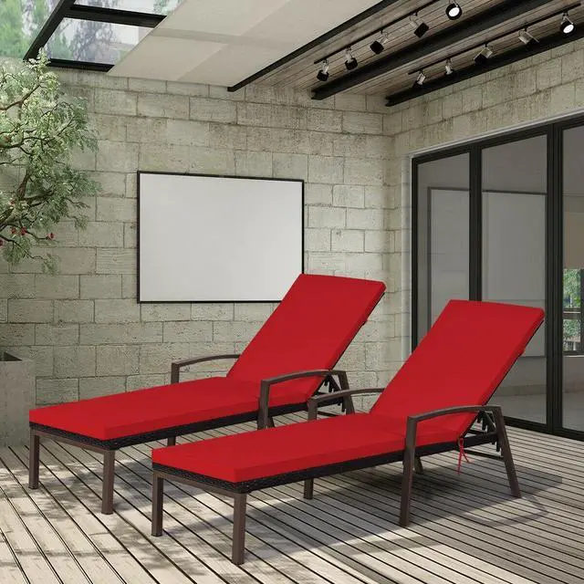Alt view image 2 of 7 - SlickBlue 2 Pieces Patio Rattan Adjustable Back Lounge Chair with Armrest and Removable Cushions-Red