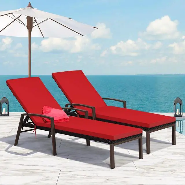 Alt view image 3 of 7 - SlickBlue 2 Pieces Patio Rattan Adjustable Back Lounge Chair with Armrest and Removable Cushions-Red