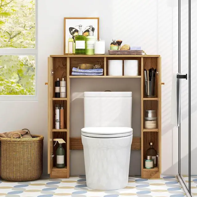 Alt view image 2 of 6 - SlickBlue Over The Toilet Storage Cabinet with 2 Open Compartments and 4 Adjustable Shelves-Natural
