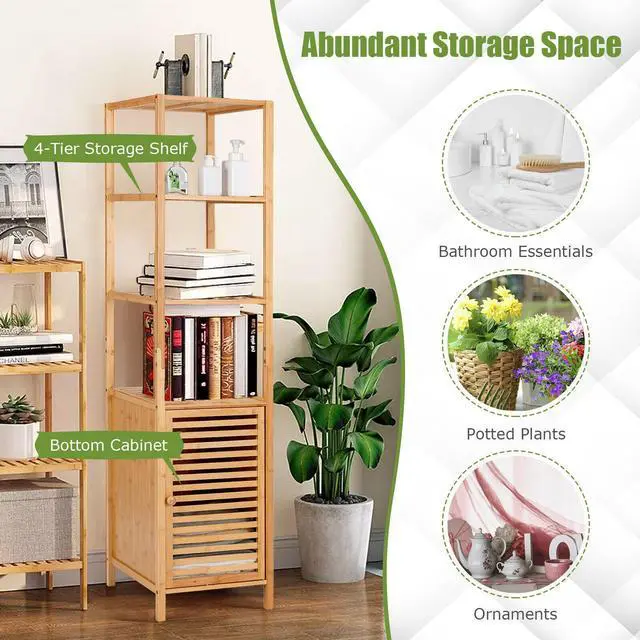 Alt view image 3 of 7 - SlickBlue 4 Tiers Slim Bamboo Floor Storage Cabinet with Shutter Door and Anti-Toppling Device-Natural
