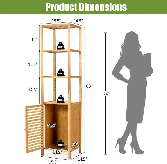 Alt view image 5 of 7 - SlickBlue 4 Tiers Slim Bamboo Floor Storage Cabinet with Shutter Door and Anti-Toppling Device-Natural