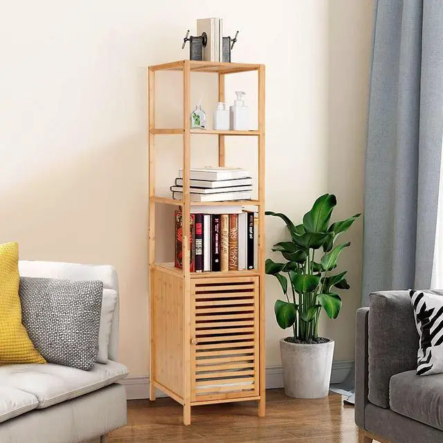 Alt view image 2 of 7 - SlickBlue 4 Tiers Slim Bamboo Floor Storage Cabinet with Shutter Door and Anti-Toppling Device-Natural