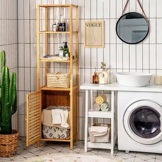 Alt view image 7 of 7 - SlickBlue 4 Tiers Slim Bamboo Floor Storage Cabinet with Shutter Door and Anti-Toppling Device-Natural