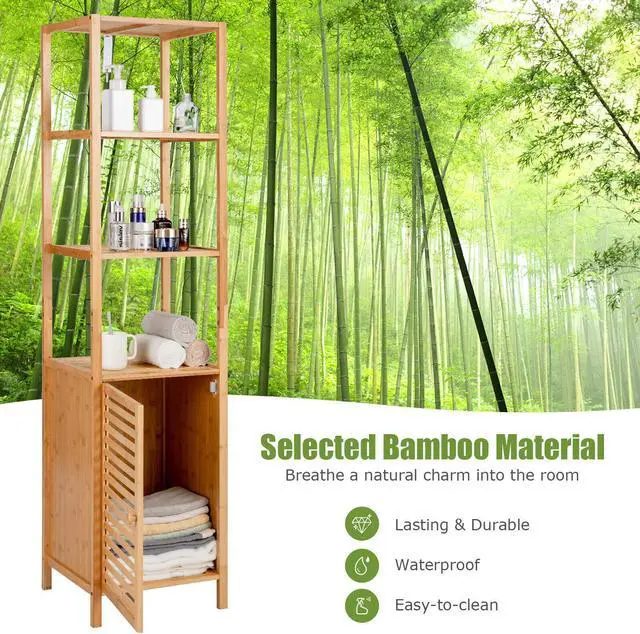 Alt view image 6 of 7 - SlickBlue 4 Tiers Slim Bamboo Floor Storage Cabinet with Shutter Door and Anti-Toppling Device-Natural