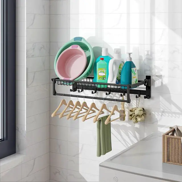 Alt view image 6 of 7 - SlickBlue Wall Mounted Towel Shelf with Adjustable Towel Bar and Movable Hooks No Assembly Required