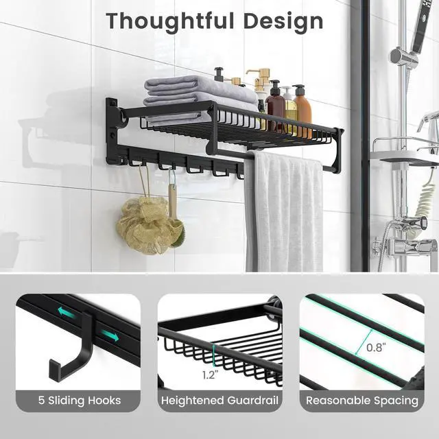 Alt view image 7 of 7 - SlickBlue Wall Mounted Towel Shelf with Adjustable Towel Bar and Movable Hooks No Assembly Required