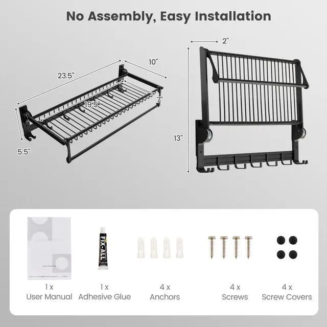 Alt view image 5 of 7 - SlickBlue Wall Mounted Towel Shelf with Adjustable Towel Bar and Movable Hooks No Assembly Required