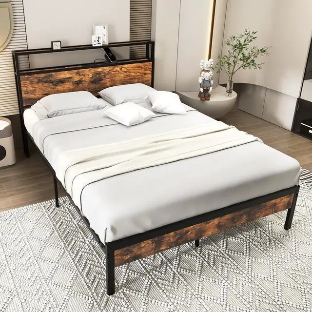 Alt view image 4 of 7 - SlickBlue Twin/Full/Queen Bed Frame with Storage Headboard and Charging Station