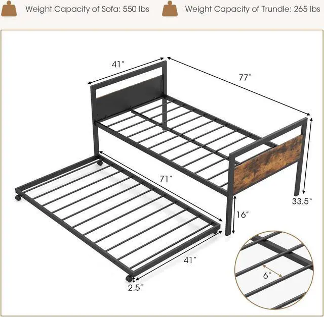 Alt view image 5 of 7 - SlickBlue Twin Metal Daybed with Trundle Lockable Wheels