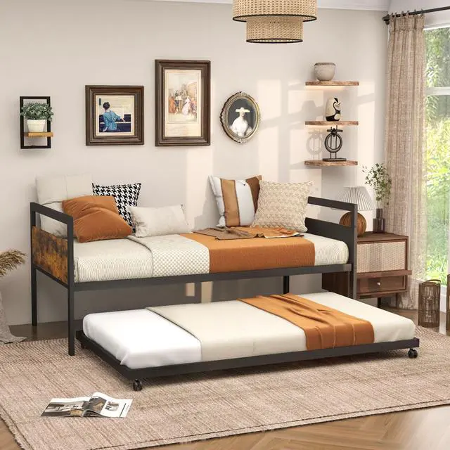 Alt view image 7 of 7 - SlickBlue Twin Metal Daybed with Trundle Lockable Wheels