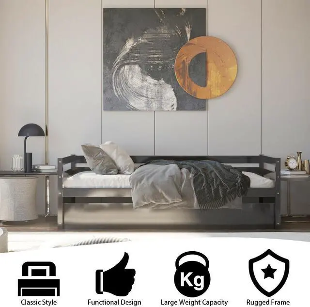 Alt view image 3 of 7 - SlickBlue Twin Size Trundle Platform Bed Frame with  Wooden Slat Support