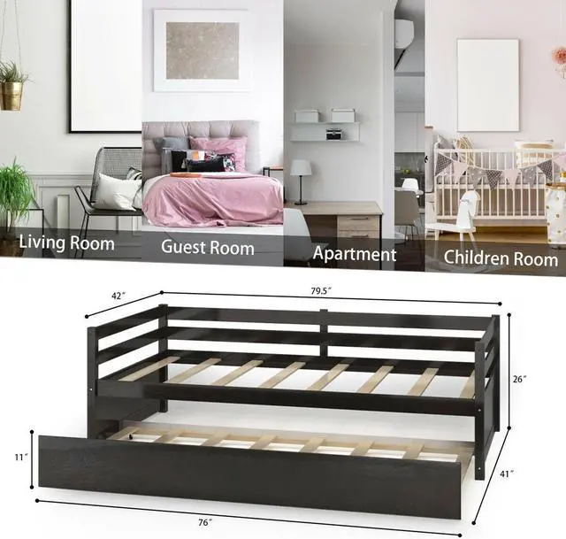 Alt view image 4 of 7 - SlickBlue Twin Size Trundle Platform Bed Frame with  Wooden Slat Support