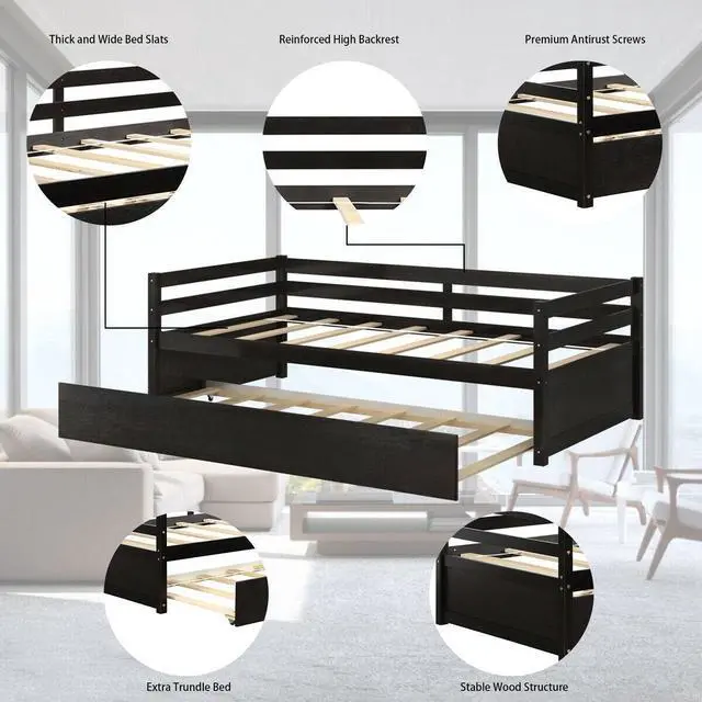 Alt view image 5 of 7 - SlickBlue Twin Size Trundle Platform Bed Frame with  Wooden Slat Support