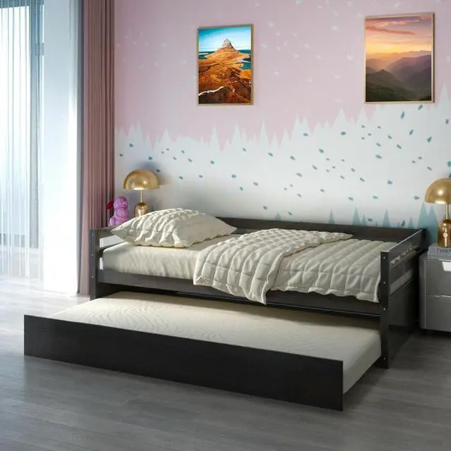 Alt view image 7 of 7 - SlickBlue Twin Size Trundle Platform Bed Frame with  Wooden Slat Support