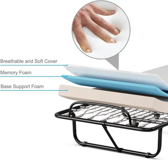 Alt view image 5 of 7 - SlickBlue Rollaway Folding Bed with Memory Foam Mattress and Sturdy Metal Frame