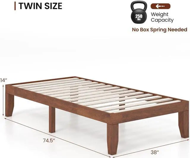 Alt view image 2 of 7 - SlickBlue 14 Inch Twin Size Rubber Wood Platform Bed Frame with Wood Slat Support