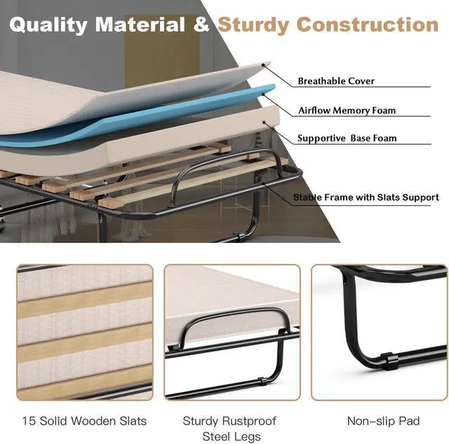 Alt view image 5 of 7 - SlickBlue Portable Folding Bed with Memory Foam Mattress and Sturdy Metal Frame