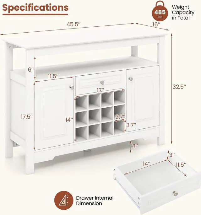 Alt view image 5 of 7 - SlickBlue Buffet Sideboard Wine Liquor Coffee Bar Cabinet with Removable Wine Rack-White