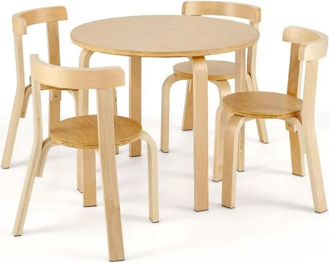 Main image of SlickBlue 5-Piece Kids Wooden Curved Back Activity Table and Chair Set with Toy Bricks-Natural