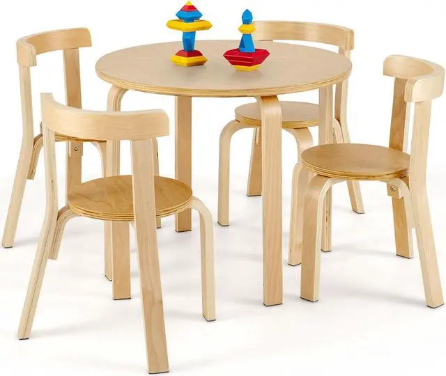 Alt view image 2 of 7 - SlickBlue 5-Piece Kids Wooden Curved Back Activity Table and Chair Set with Toy Bricks-Natural