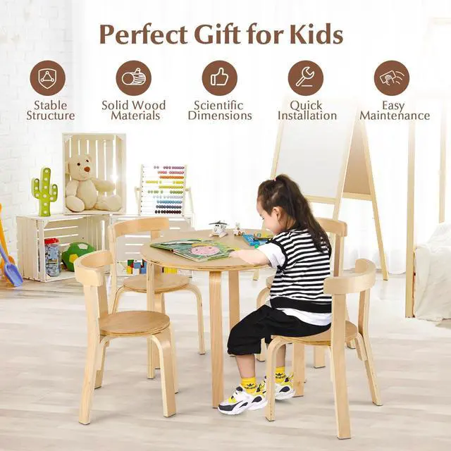 Alt view image 3 of 7 - SlickBlue 5-Piece Kids Wooden Curved Back Activity Table and Chair Set with Toy Bricks-Natural