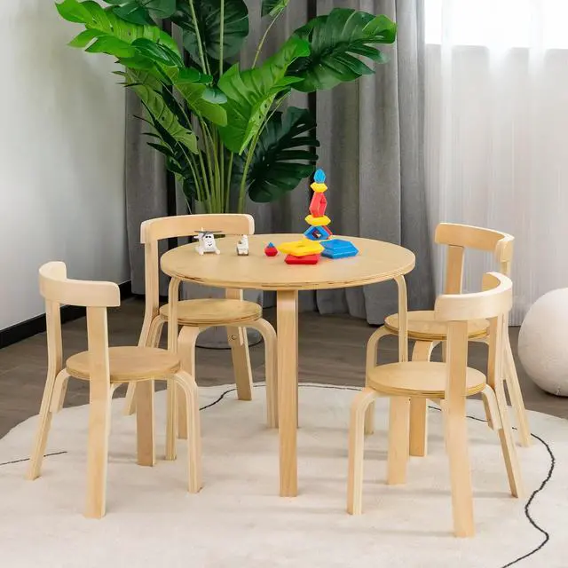 Alt view image 4 of 7 - SlickBlue 5-Piece Kids Wooden Curved Back Activity Table and Chair Set with Toy Bricks-Natural