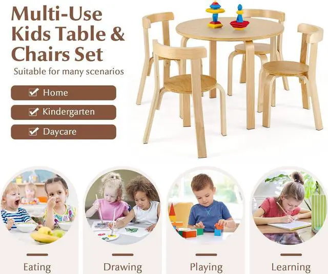 Alt view image 6 of 7 - SlickBlue 5-Piece Kids Wooden Curved Back Activity Table and Chair Set with Toy Bricks-Natural