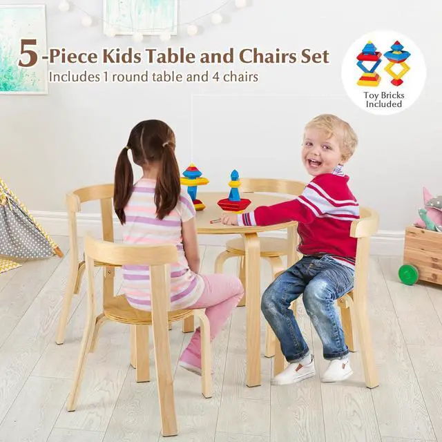 Alt view image 7 of 7 - SlickBlue 5-Piece Kids Wooden Curved Back Activity Table and Chair Set with Toy Bricks-Natural