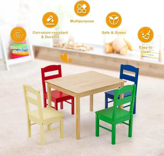 Alt view image 2 of 7 - SlickBlue 5 pcs Kids Pine Wood Multicolor Table Chair Set