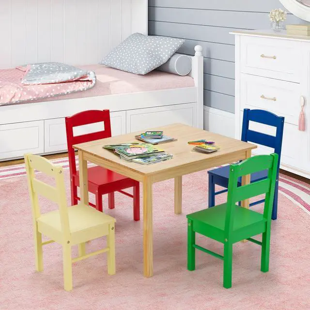 Alt view image 4 of 7 - SlickBlue 5 pcs Kids Pine Wood Multicolor Table Chair Set
