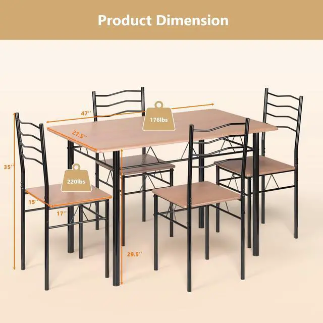 Alt view image 5 of 7 - SlickBlue 5 Pieces Wood Metal Dining Table Set with 4 Chairs-Natural