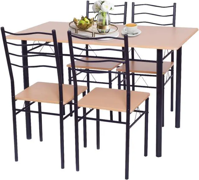 Alt view image 7 of 7 - SlickBlue 5 Pieces Wood Metal Dining Table Set with 4 Chairs-Natural