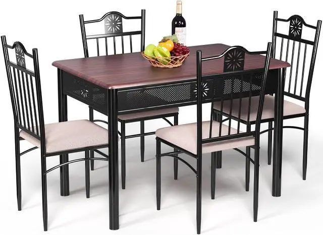 Main image of SlickBlue 5 Pcs Dining Set Wood Metal Table and 4 Chairs with Cushions