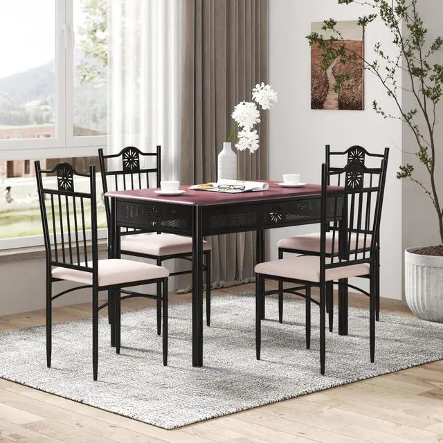 Alt view image 3 of 7 - SlickBlue 5 Pcs Dining Set Wood Metal Table and 4 Chairs with Cushions