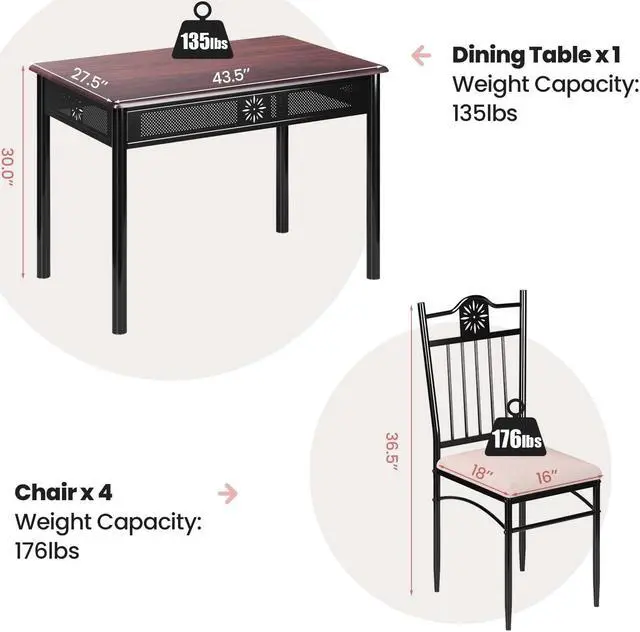 Alt view image 5 of 7 - SlickBlue 5 Pcs Dining Set Wood Metal Table and 4 Chairs with Cushions