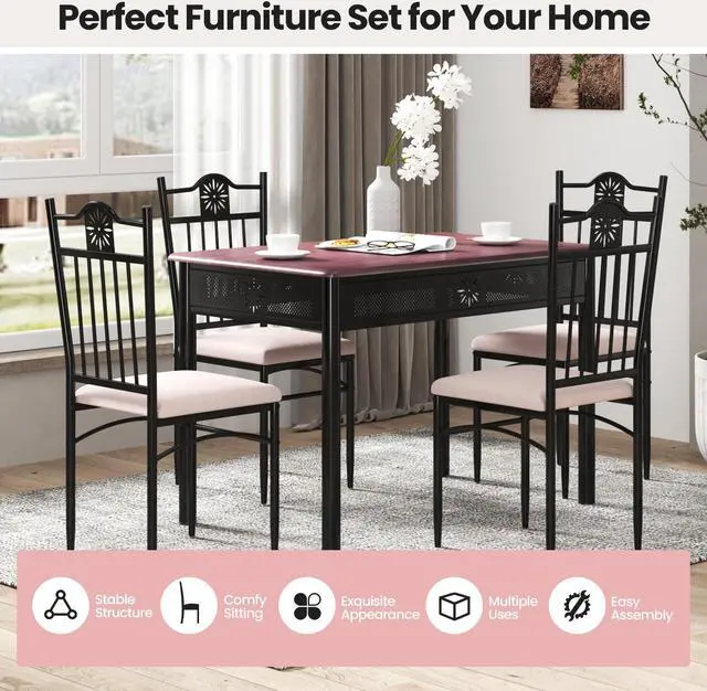 Alt view image 6 of 7 - SlickBlue 5 Pcs Dining Set Wood Metal Table and 4 Chairs with Cushions