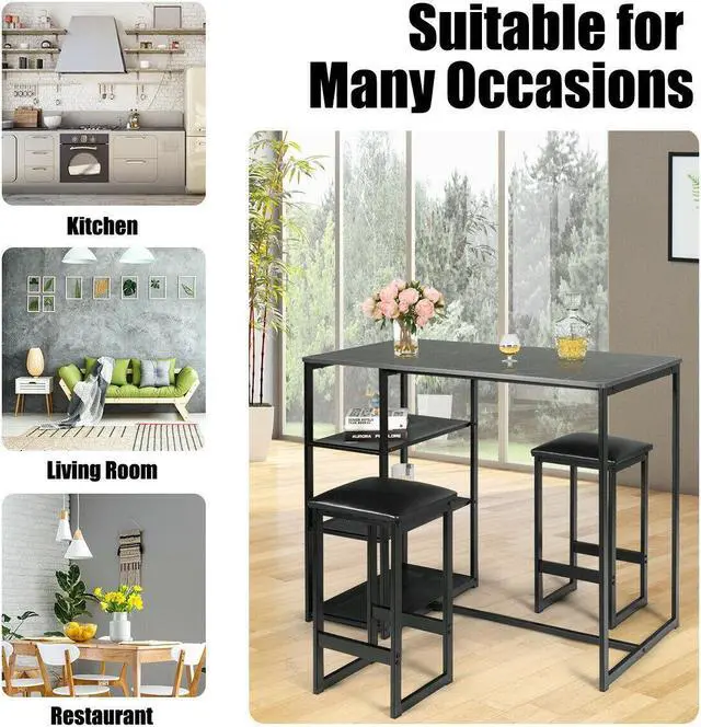 Alt view image 6 of 7 - SlickBlue 3 pcs Dining Set with Faux Marble Top Table and 2 Stools-Black