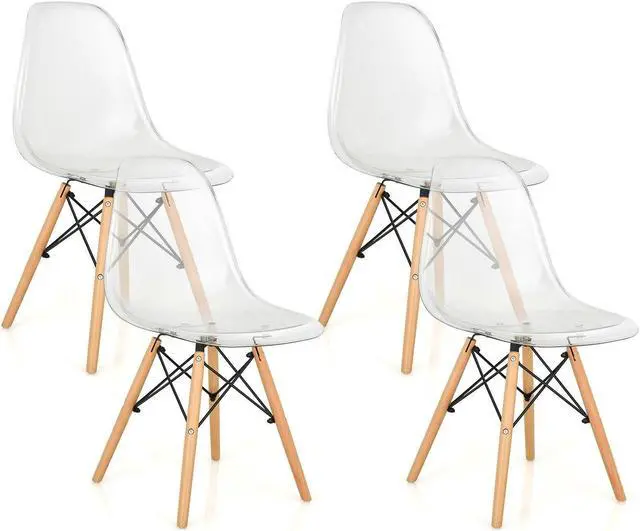 Main image of SlickBlue Set of 4 Dining Chairs Modern Plastic Shell Side Chair with Clear Seat and Wood Legs-Transparent