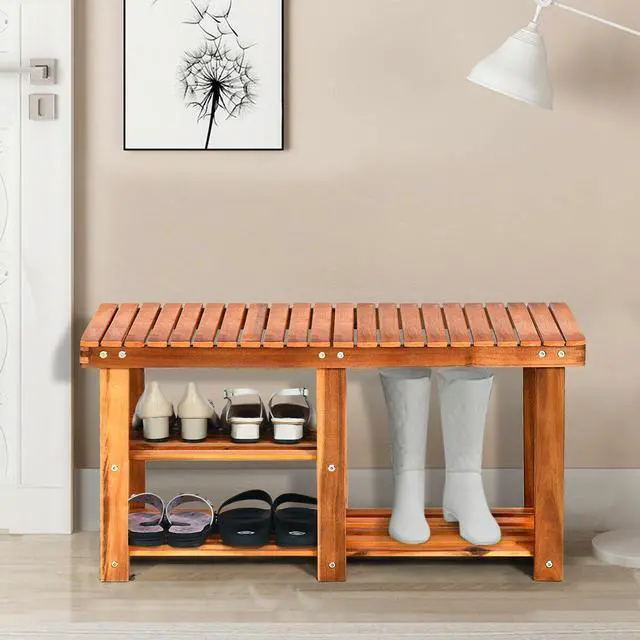 Alt view image 3 of 7 - SlickBlue 3-Tier Freestanding Wooden Shoe Organizer with Seat