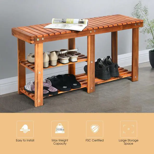 Alt view image 2 of 7 - SlickBlue 3-Tier Freestanding Wooden Shoe Organizer with Seat