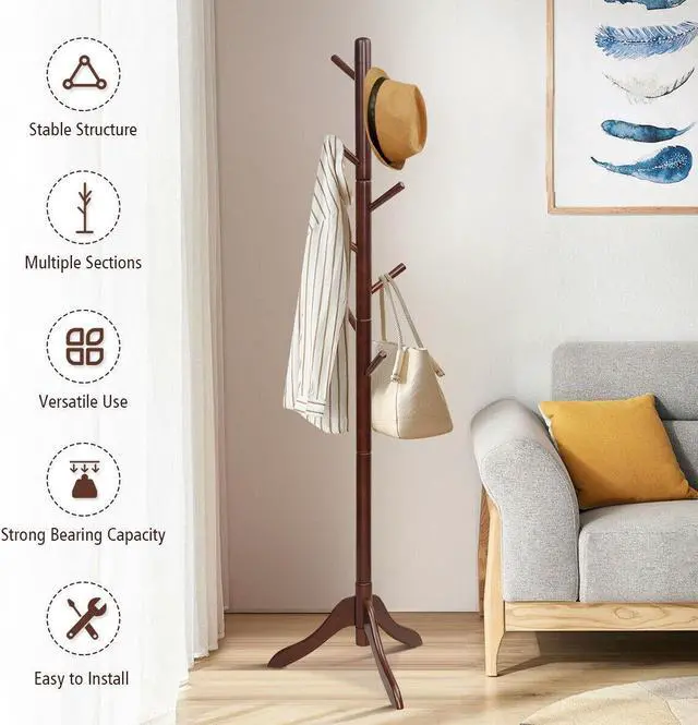 Alt view image 2 of 7 - SlickBlue Adjustable Wooden Tree Coat Rack with 8 Hooks