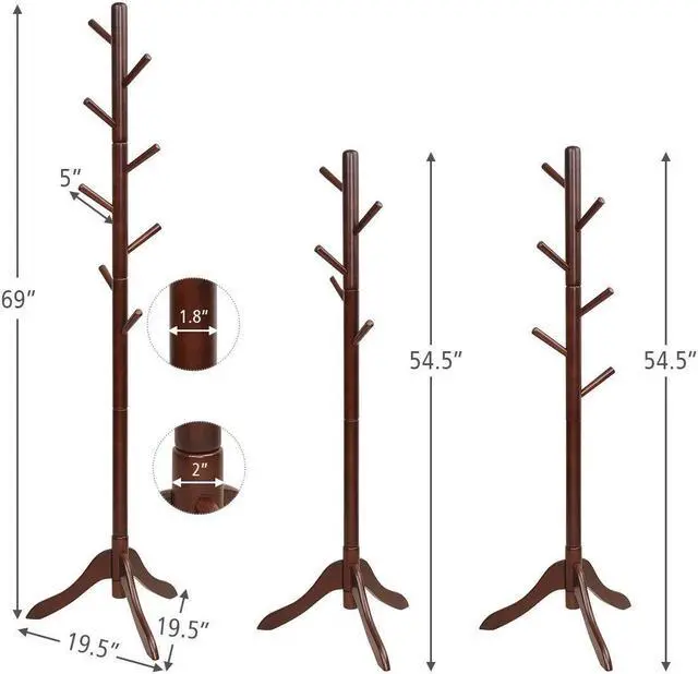 Alt view image 3 of 7 - SlickBlue Adjustable Wooden Tree Coat Rack with 8 Hooks