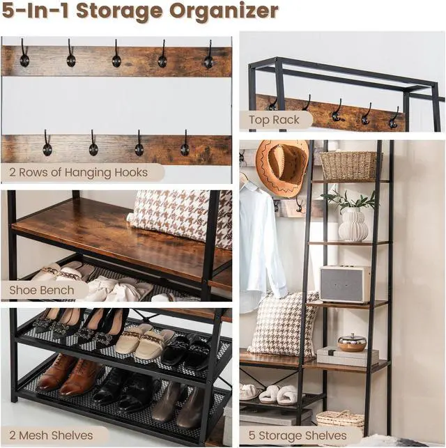 Alt view image 5 of 7 - SlickBlue 5-in-1 Entryway Hall Tree with Storage Bench with 9 Hooks-Rustic Brown