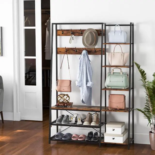 Alt view image 4 of 7 - SlickBlue 5-in-1 Entryway Hall Tree with Storage Bench with 9 Hooks-Rustic Brown