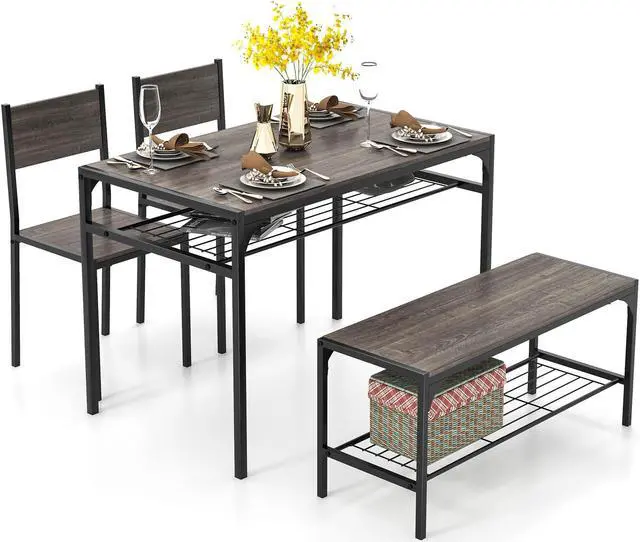 Main image of SlickBlue Industrial Style Rectangular Kitchen Table with Bench and Chairs-Gray